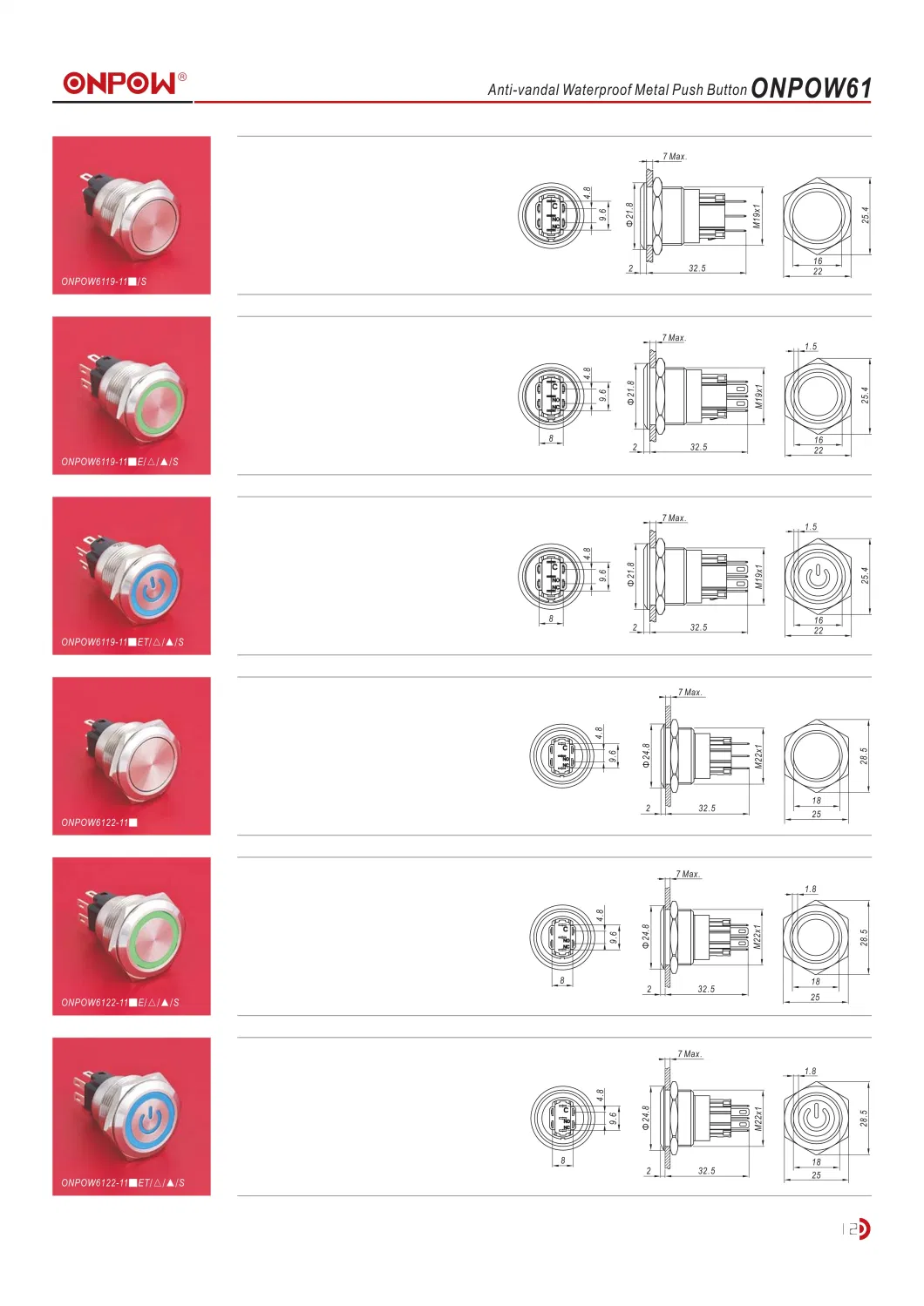 Onpow Metal Illuminated Push Button Switch Momentary Water Proof 12mm/16mm/19mm/22mm Customization